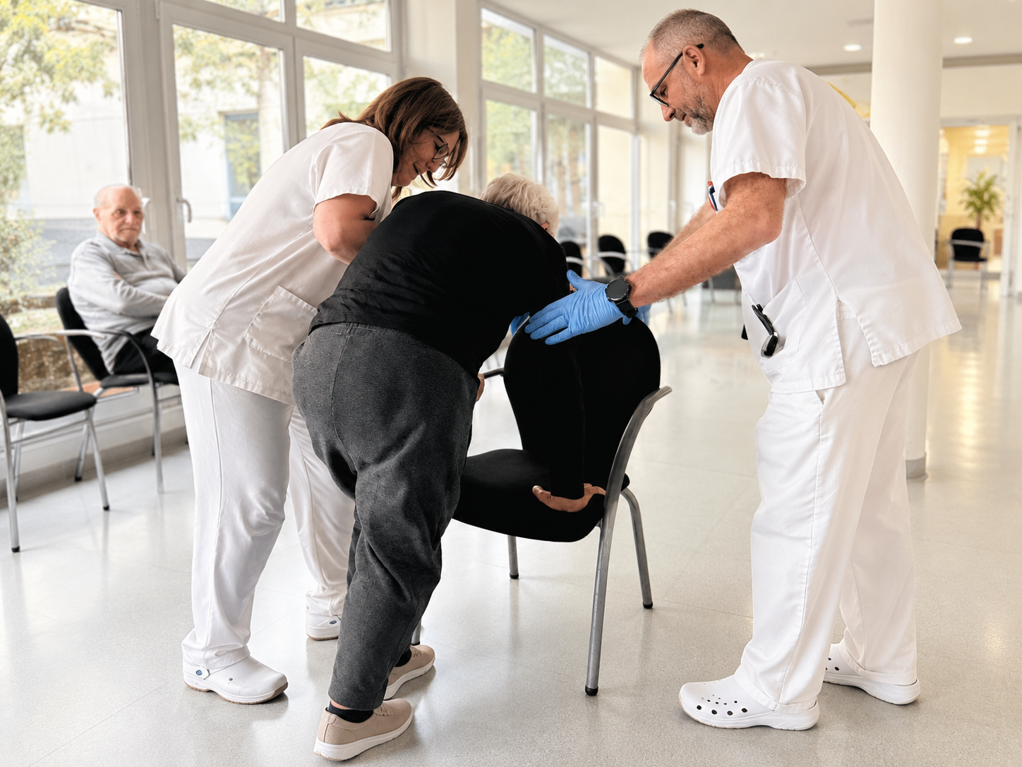 Com prevenir les caigudes en persones grans | Casal de Curació - Profesionales sanitarios ayudando a una persona mayor a levantarse durante una sesión de rehabilitación